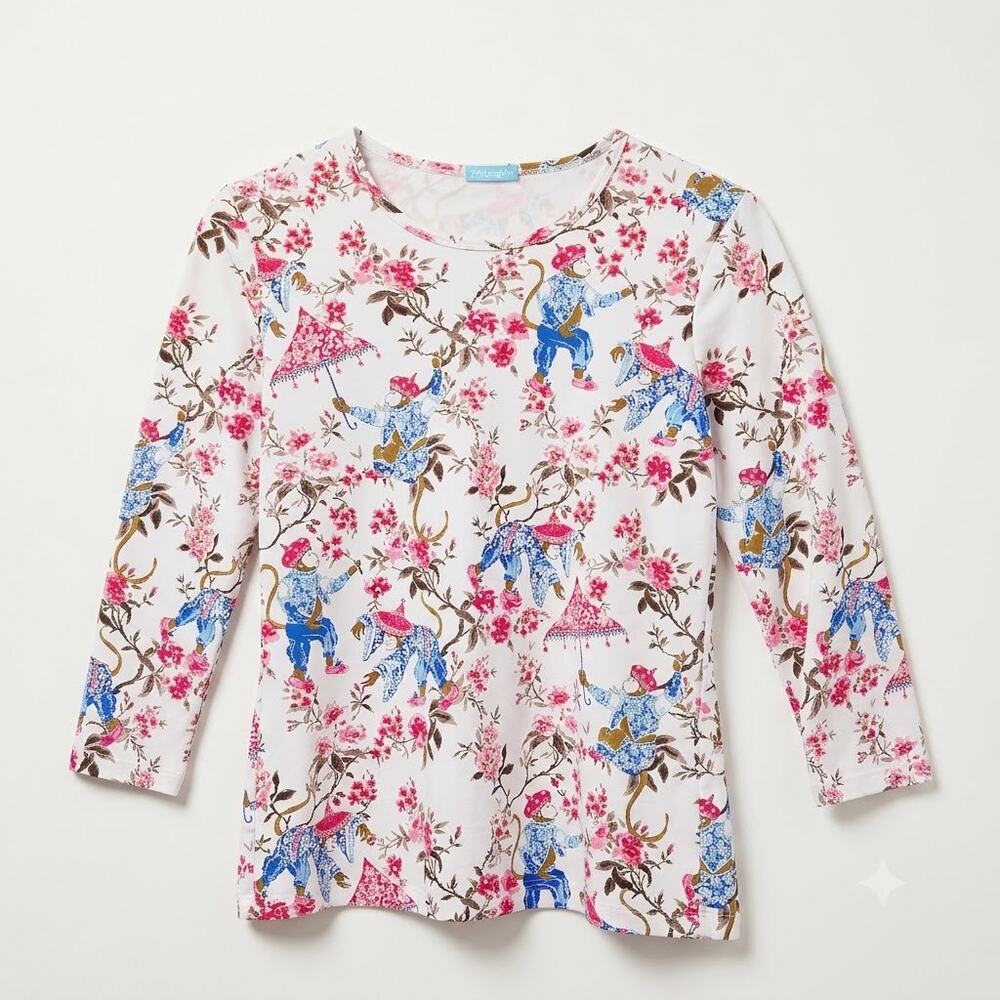 J MCLAUGHLIN Floral Asian Painting 3/4 Sleeve Top Catalina Cloth Nylon Womens XS